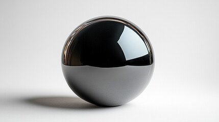 A sleek black glossy sphere sits on a clean white background with ample caption space on the side, offering a minimalist composition that symbolizes modern design, balance, and abstract focus.

