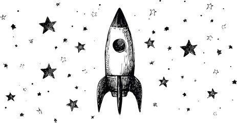 Plakat Hand-drawn black and white rocket in space surrounded by stars illustration. Vector illustration