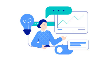 Ideal for business presentations, financial reports, or marketing campaigns. Woman shows upward trend graph, symbolizing success and progress.