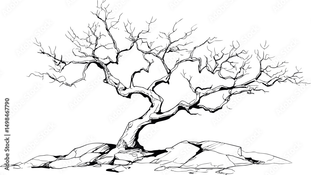 Aufkleber minimalistic line drawing of a leafless tree on rocky ground. vector illustration