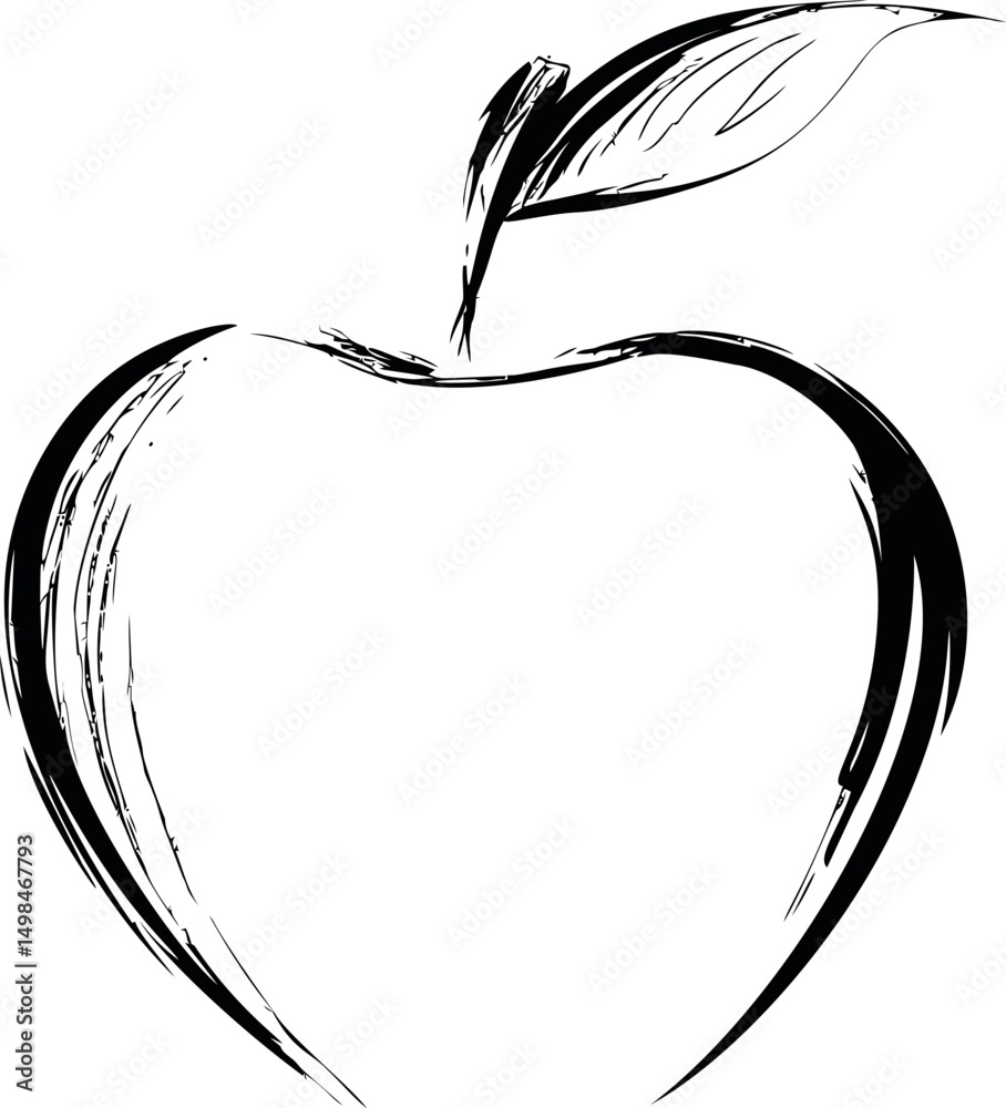 Poster minimalist black and white line art of an apple with a leaf, digital sketch. vector illustration