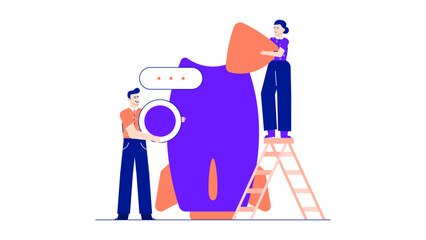 Two people collaborate to build a rocket, teamwork concept, space exploration, reaching goals, science and innovation themed projects.