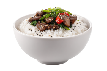 Savory asian beef bowl with rice, peppers, and sesame seeds, cut out
