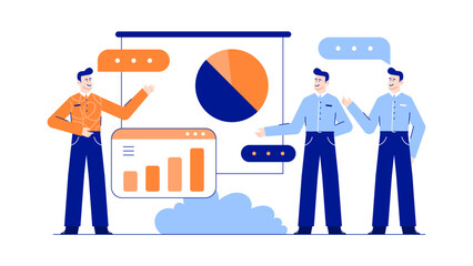 Title Business presentation with three men and a chart. Suitable for presentations, marketing materials, business reports, financial analysis content.