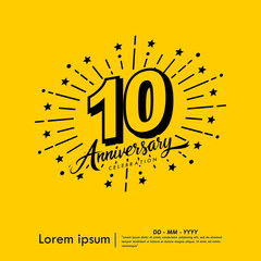 10th years anniversary celebration emblem. congratulations anniversary logo isolated with ribbon and starburst on yellow background. vector illustration template design