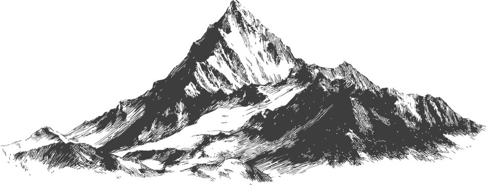 Black and white sketch of a majestic mountain peak with detailed shading. Vector illustration