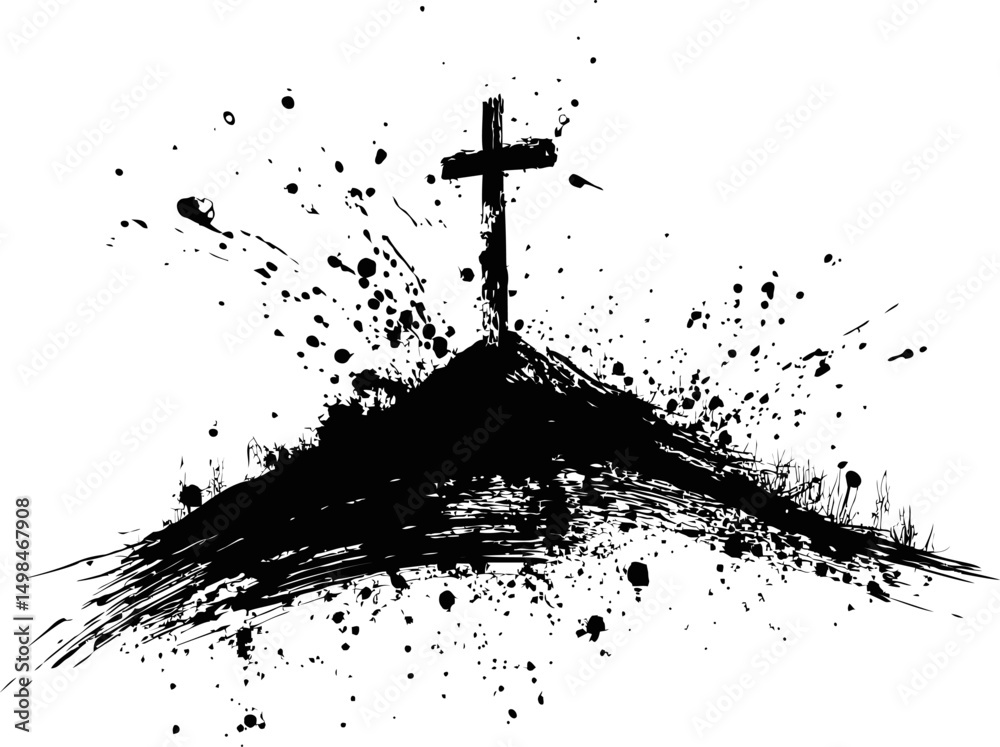 Aufkleber black ink cross art with splatters on hill depicting solitude and reflection. vector illustration