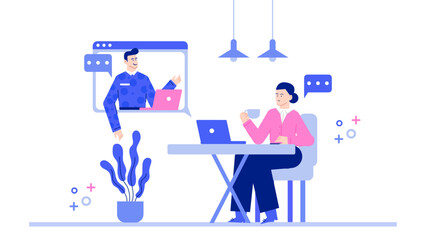 Woman chatting on a video call with a man, discussing business, relationships, or remote communication. Suitable for virtual meetings concept.