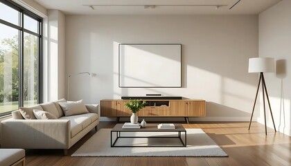 Modern living room interior with neutral color scheme, cozy ambience