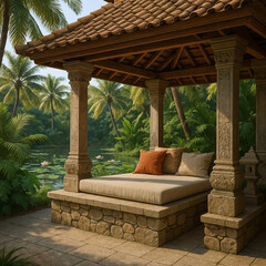 Balinese Style Patio with Daybed and Lotus Pond – Tranquil Tropical Retreat