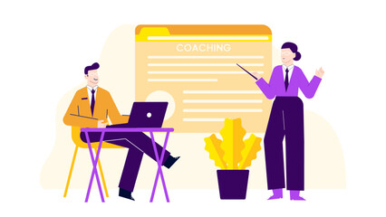 Business coaching session with man on laptop and woman pointing at coaching board; suitable for professional development or coaching related concepts.