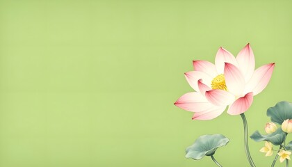 Illustration of a lotus flower on a green background. The flower water lily on the right. Empty space for the text. 