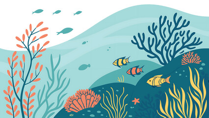 "A vector illustration of an underwater coral reef scene with colorful corals, tropical fish, and seaweed. Flat design style with vibrant underwater hues (blues, greens, corals). 