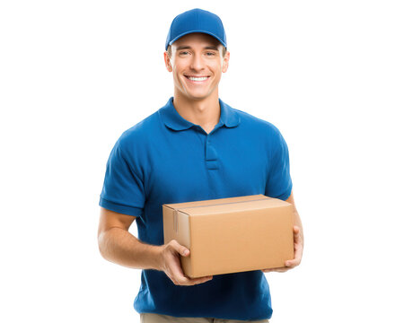 Delivery man smiling while holding cardboard box, wearing blue cap and polo shirt, isolated on transparency background. This conveys sense of reliability and service