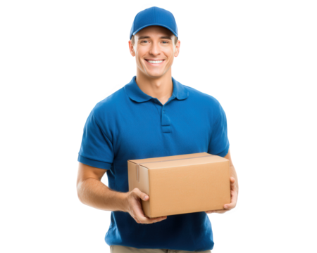 Delivery man smiling while holding cardboard box, wearing blue cap and polo shirt, isolated on transparency background. This conveys sense of reliability and service