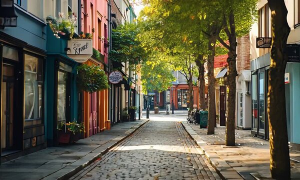 Colorful Buildings Line Cobblestone Street with Leafy Trees in European Town with Sunlight on Historic Facades