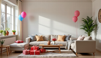 Cozy living room featuring light colored sofa adorned with decorative cushions, wooden coffee table, and vibrant balloons. space is brightened by natural light, creating warm atmosphere
