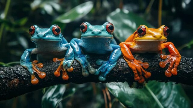 Vibrant Trio of Red-Eyed Tree Frogs on a Branch