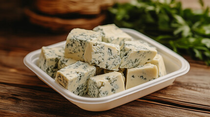 A portion of blue cheese placed in a white plastic container, presented on a clean surface with ample copy space on the right side. The setup highlights simplicity, food presentation, and dairy produc