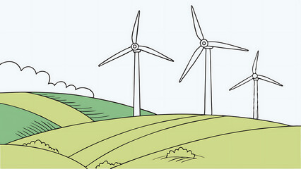 A vector illustration of a wind farm on rolling hills under a clear blue sky. Multiple white wind turbines with turning blades spread across green fields.