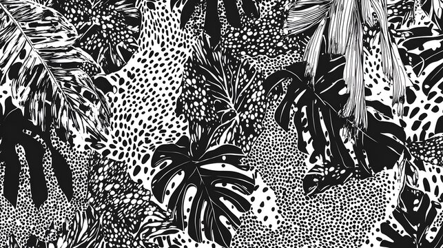 Intricate black and white pattern of tropical leaves and animal print.