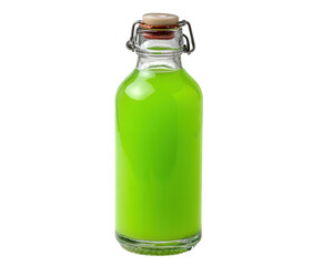 Bright green juice in clear glass bottle, showcasing its vibrant color and freshness. This refreshing beverage is perfect for health enthusiasts looking for nutritious options