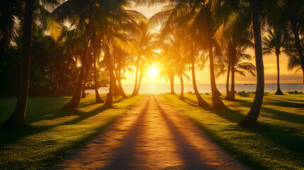 Obraz premium Serene sunset path through tropical palm trees, leading to a tranquil ocean. Golden hour light bathes the scene in warmth.