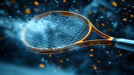 Dynamic tennis racket image, capturing the intense energy and motion of a powerful serve.  Water droplets and dust particles surround the orange tennis racquet.