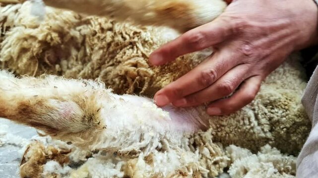 Shearing sheep is the process by which the woollen fleece of a sheep is cut off. The person who removes the sheep's wool is called a shearer