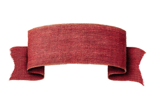 Red burlap banner with curved ribbon on black background, cut out
