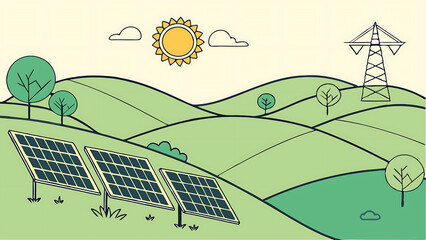 A vector illustration of a solar farm with rows of solar panels in a sunny landscape. Flat design style with green hills and a bright sun in the sky.