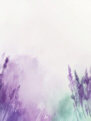 Obraz premium Blooming lavender flowers in loose watercolor style with visible wet texture, soft lilac and green tones, artistic floral background with plenty of blank space for text or design, creative projects