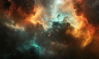 Cosmic Nebula Fiery orange and teal gas clouds in space. Background stars. Use Sci-fi, fantasy backgrounds