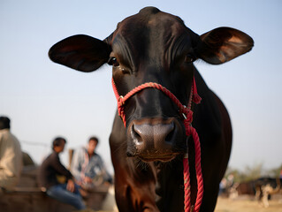 Obraz premium Eid al Adha Domesticated cattle standing in a rural livestock market for agricultural trade and farming industry promotion