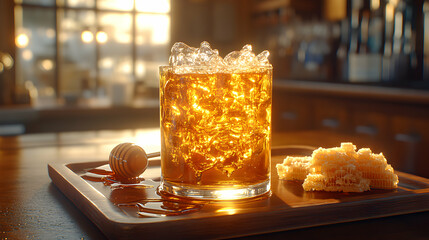 Golden honey drink in rocks glass, honeycomb, honey dipper on wooden tray, sunset light.  Perfect for autumn or fall themed projects.