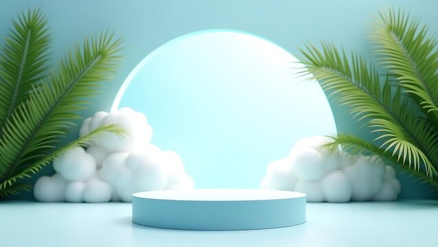 Light blue podium with clouds and palm leaves for product display