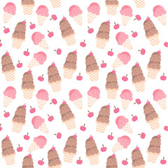 Chocolate and Strawberry Ice Cream Seamless Pattern with Cherries – Cute Summer Dessert Vector Background
