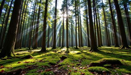 Fototapeta premium Exploring tranquil forests sunlight filtering through trees in a serene natural landscape