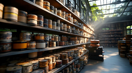 Fototapeta premium Rows of vintage film canisters on wooden shelves in a sunlit warehouse. A nostalgic scene of old movie memories.
