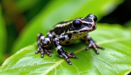 Fototapeta premium Captivating frog posing on leaf tropical rainforest macro photography lush environment close-up view nature's beauty