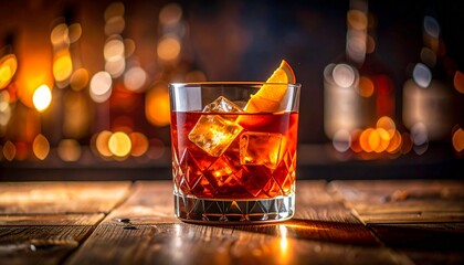 A stunning close-up of a classic Negroni cocktail in a crystal-clear glass, captured with cinematic flair and dramatic lighting that highlights the rich amber hues and elegant orange peel garnish