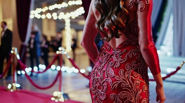 Elegant evening entrance: glamorous red carpet arrival with stunning red gown and envious onlookers