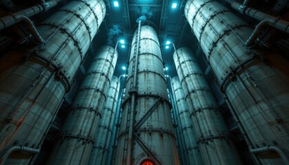 Industrial machinery operation factory complex high-resolution image dark environment wide-angle view technology concept