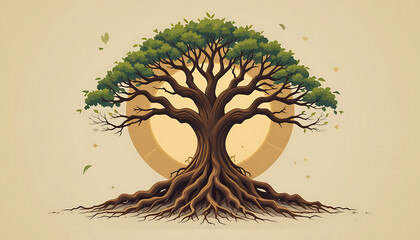 A vector illustration of the Tree of Life: a stylized tree with sprawling branches above and large roots below, symbolizing growth and connection. Flat design with earthy colors (browns and greens).