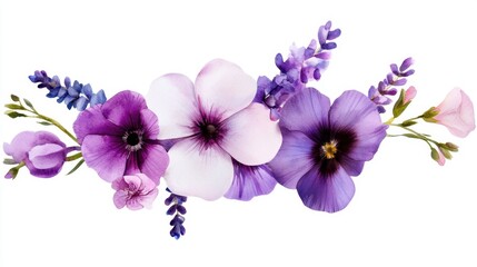 Artistic bouquet of very peri watercolor flowers, delicate and ethereal style on clean white