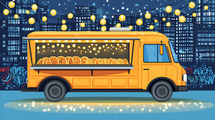 Night cityscape with a yellow food truck selling pizza, illuminated by string lights.  A vibrant illustration perfect for food blogs, articles about street food, or city life.