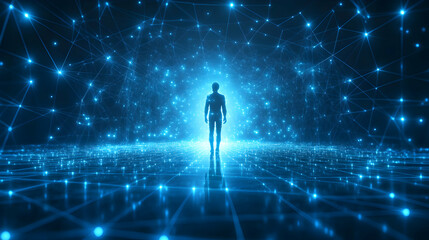 Silhouette of a person standing in a glowing blue network, representing connection, technology, and the digital world.
