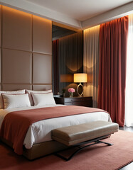 This stylish bedroom features a cozy bed with soft linens and a chic color palette. Ambient lighting creates a warm atmosphere, perfect for relaxation and comfort Generative AI