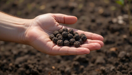 Hand holding biochar pellets over soil showcasing sustainable agriculture