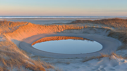 Serene sunset reflecting in a circular pool of water nestled within coastal sand dunes, overlooking the tranquil ocean.